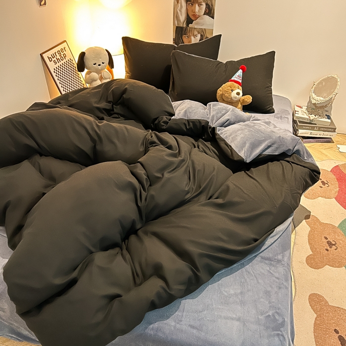 91家纺网 家纺一手货源 找家纺 悦织湾家纺 2025新款水洗棉牛奶绒单面绒单被套四件套双面两用春秋冬都可用学生宿舍四件套 单面绒黑色浅灰