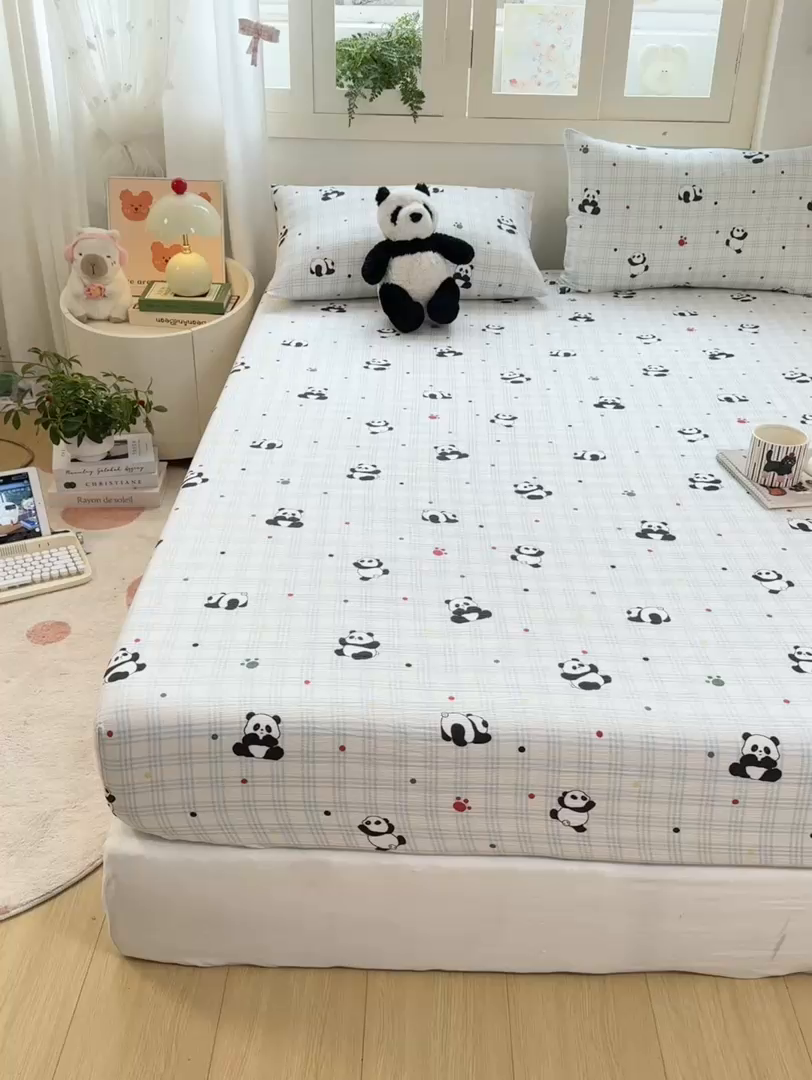 91家纺网 家纺一手货源 找家纺 玉海棠家纺 2025新款直播爆款双层纱床笠三件套 熊猫宝宝