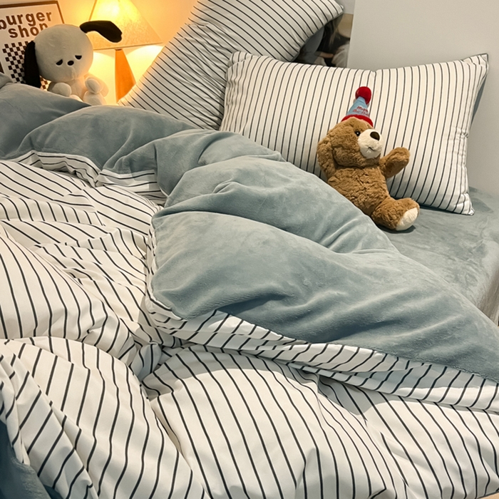 91家纺网 家纺一手货源 找家纺 悦织湾家纺 2025新款水洗棉牛奶绒单面绒单被套四件套双面两用春秋冬都可用学生宿舍四件套 单面绒简约白