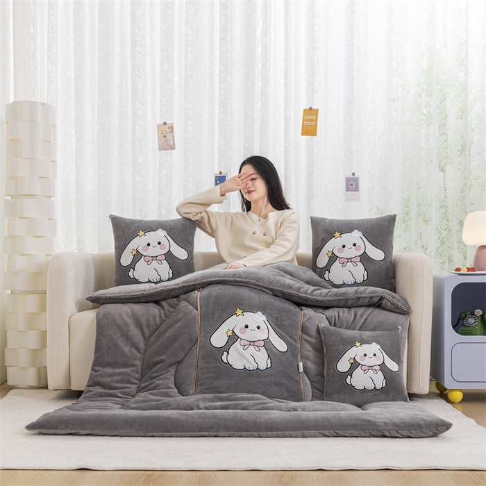 哩哩熊 2025新款抱枕被子两用加厚二合一汽车载枕头办公室午睡毯子冬天靠枕-长耳兔系列 长耳兔-烟灰