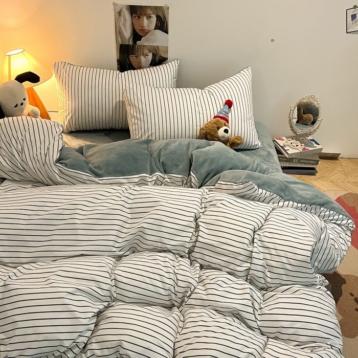 91家纺网 家纺一手货源 找家纺 悦织湾家纺 2025新款水洗棉牛奶绒单面绒单被套四件套双面两用春秋冬都可用学生宿舍四件套 单面绒简约白