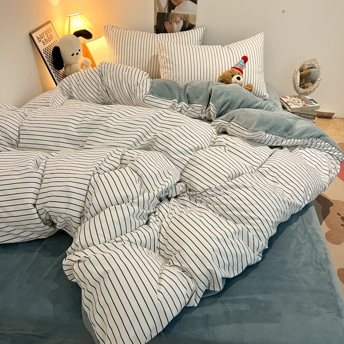 91家纺网 家纺一手货源 找家纺 悦织湾家纺 2025新款水洗棉牛奶绒单面绒单被套四件套双面两用春秋冬都可用学生宿舍四件套 单面绒简约白