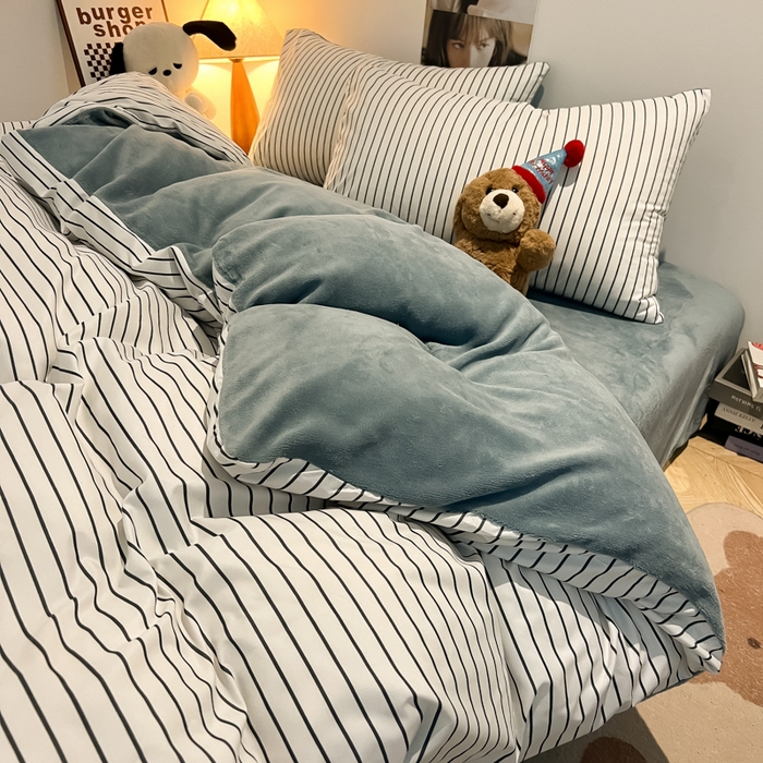 91家纺网 家纺一手货源 找家纺 悦织湾家纺 2025新款水洗棉牛奶绒单面绒单被套四件套双面两用春秋冬都可用学生宿舍四件套 单面绒简约白