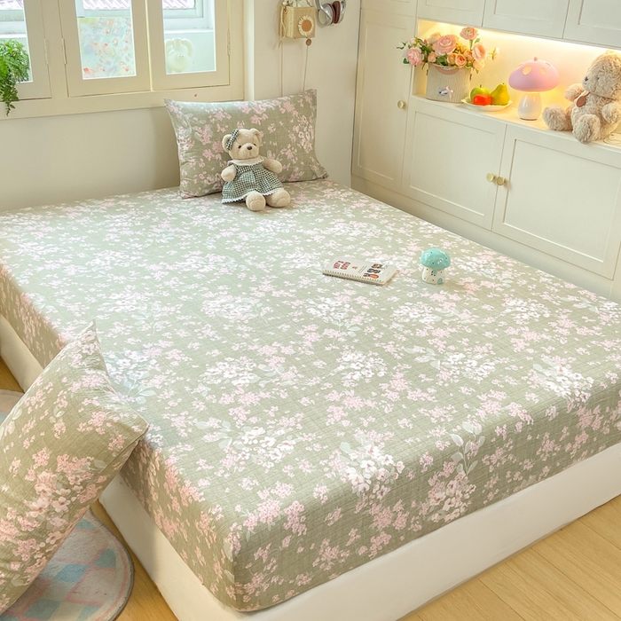 91家纺网 家纺一手货源 找家纺 玉海棠家纺 2025新款直播爆款双层纱床笠三件套 云卷抒