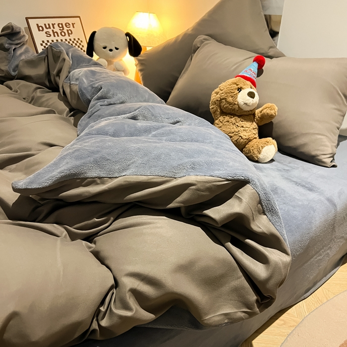 91家纺网 家纺一手货源 找家纺 悦织湾家纺 2025新款水洗棉牛奶绒单面绒单被套四件套双面两用春秋冬都可用学生宿舍四件套 单面绒浅灰