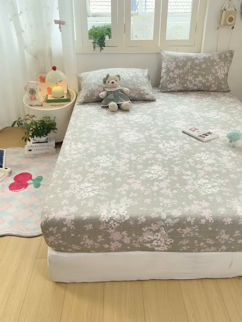 91家纺网 家纺一手货源 找家纺 玉海棠家纺 2025新款直播爆款双层纱床笠三件套 云卷抒