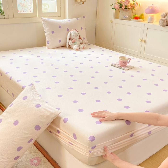 玉海棠家纺 2025新款直播爆款双层纱床笠三件套 紫色波点