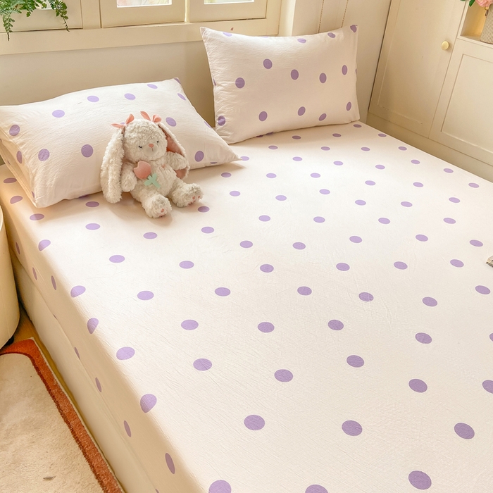 91家纺网 家纺一手货源 找家纺 玉海棠家纺 2025新款直播爆款双层纱床笠三件套 紫色波点