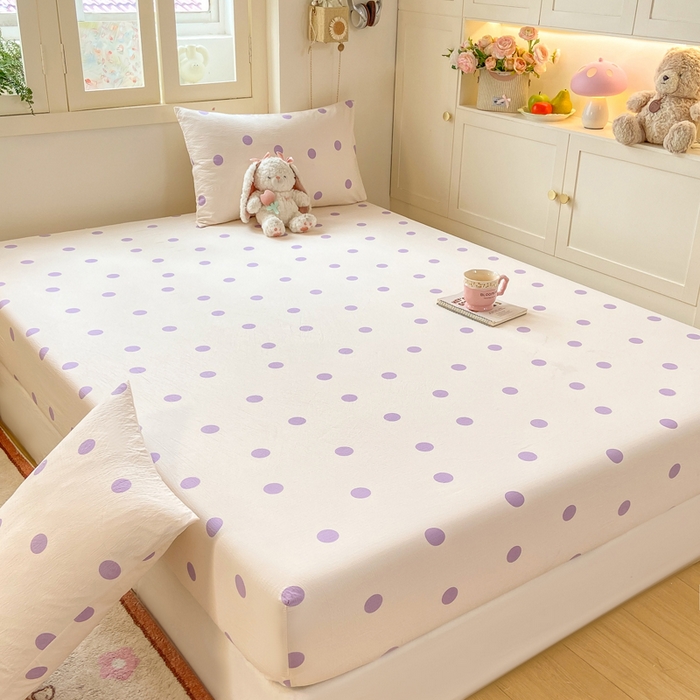 91家纺网 家纺一手货源 找家纺 玉海棠家纺 2025新款直播爆款双层纱床笠三件套 紫色波点