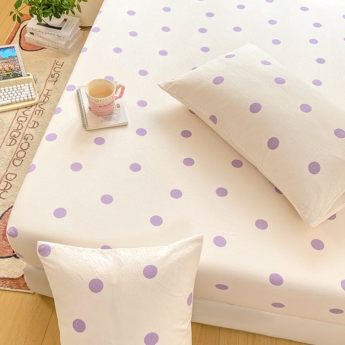 91家纺网 家纺一手货源 找家纺 玉海棠家纺 2025新款直播爆款双层纱床笠三件套 紫色波点