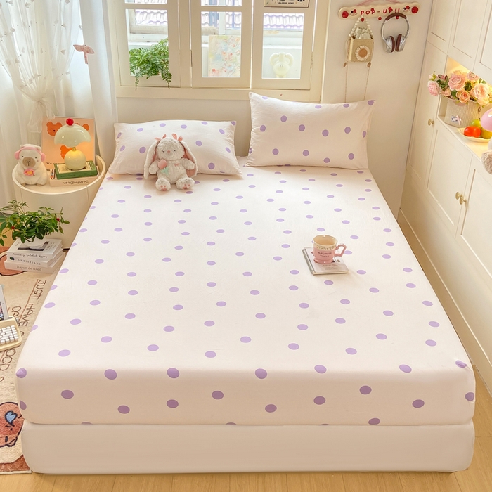 91家纺网 家纺一手货源 找家纺 玉海棠家纺 2025新款直播爆款双层纱床笠三件套 紫色波点