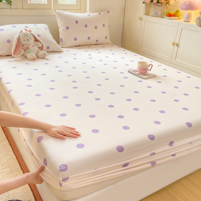 91家纺网 家纺一手货源 找家纺 玉海棠家纺 2025新款直播爆款双层纱床笠三件套 紫色波点