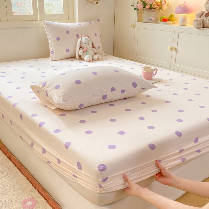 91家纺网 家纺一手货源 找家纺 玉海棠家纺 2025新款直播爆款双层纱床笠三件套 紫色波点