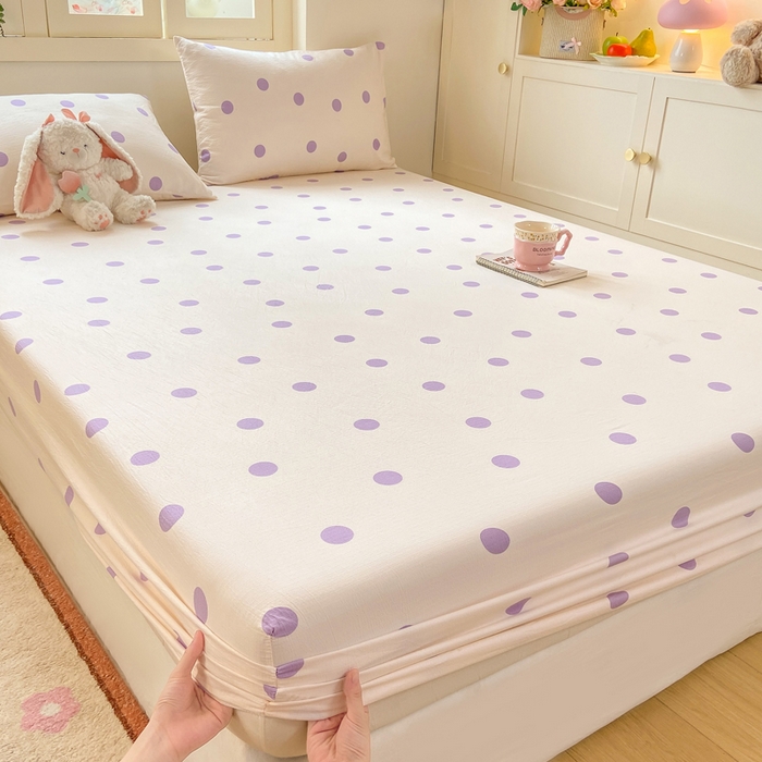 91家纺网 家纺一手货源 找家纺 玉海棠家纺 2025新款直播爆款双层纱床笠三件套 紫色波点