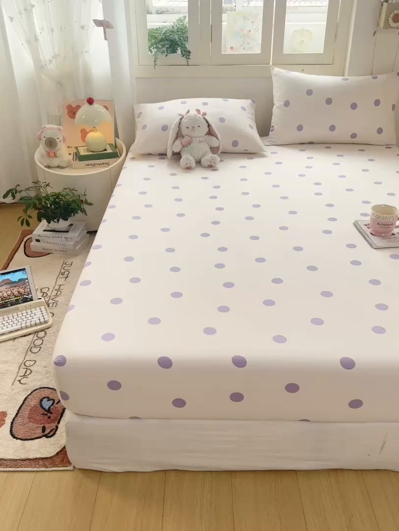 91家纺网 家纺一手货源 找家纺 玉海棠家纺 2025新款直播爆款双层纱床笠三件套 紫色波点