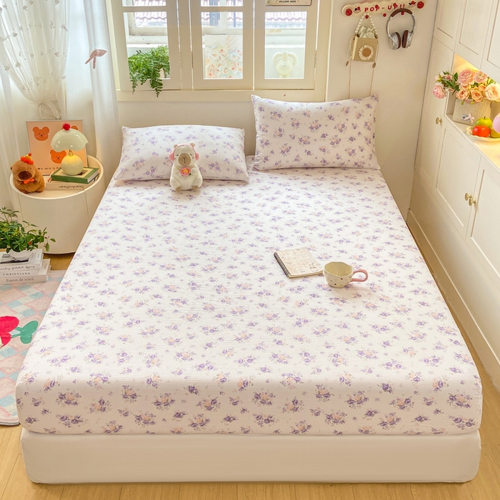 91家纺网 家纺一手货源 找家纺 玉海棠家纺 2025新款直播爆款双层纱床笠三件套 紫萱