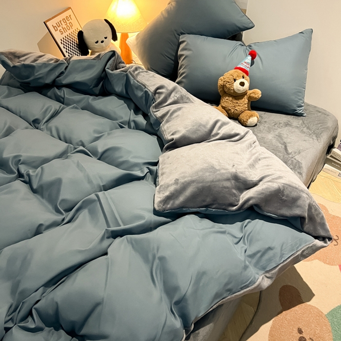 91家纺网 家纺一手货源 找家纺 悦织湾家纺 2025新款水洗棉牛奶绒单面绒单被套四件套双面两用春秋冬都可用学生宿舍四件套 单面绒浅兰灰浅灰