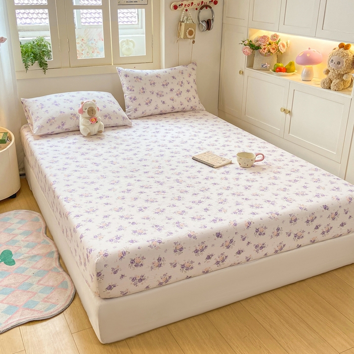 91家纺网 家纺一手货源 找家纺 玉海棠家纺 2025新款直播爆款双层纱床笠三件套 紫萱