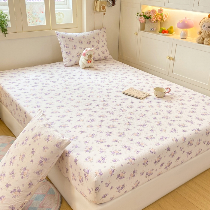 91家纺网 家纺一手货源 找家纺 玉海棠家纺 2025新款直播爆款双层纱床笠三件套 紫萱