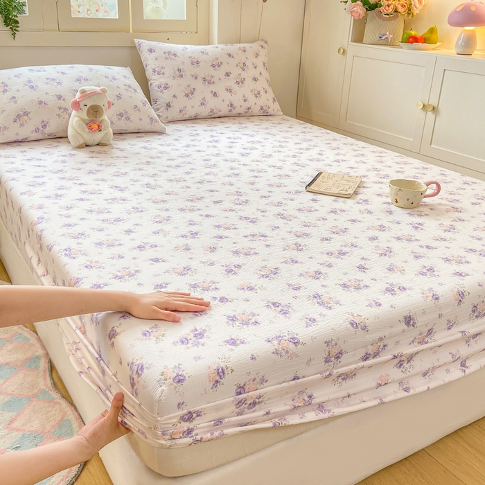 91家纺网 家纺一手货源 找家纺 玉海棠家纺 2025新款直播爆款双层纱床笠三件套 紫萱