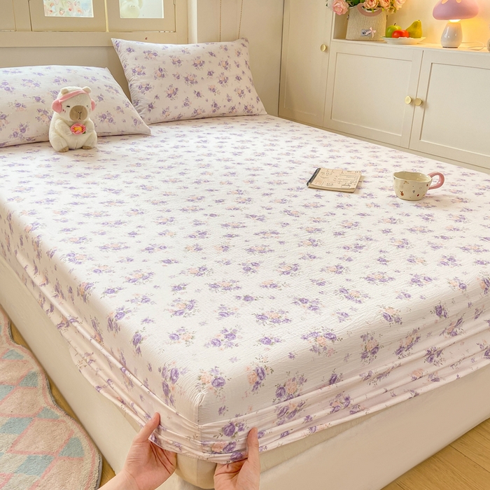 91家纺网 家纺一手货源 找家纺 玉海棠家纺 2025新款直播爆款双层纱床笠三件套 紫萱