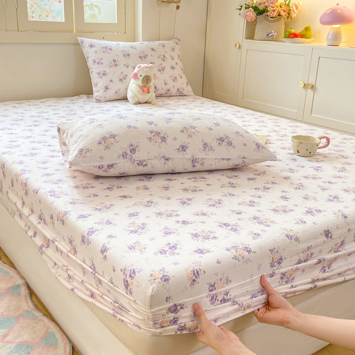 91家纺网 家纺一手货源 找家纺 玉海棠家纺 2025新款直播爆款双层纱床笠三件套 紫萱