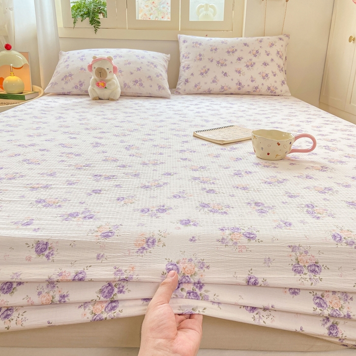 91家纺网 家纺一手货源 找家纺 玉海棠家纺 2025新款直播爆款双层纱床笠三件套 紫萱