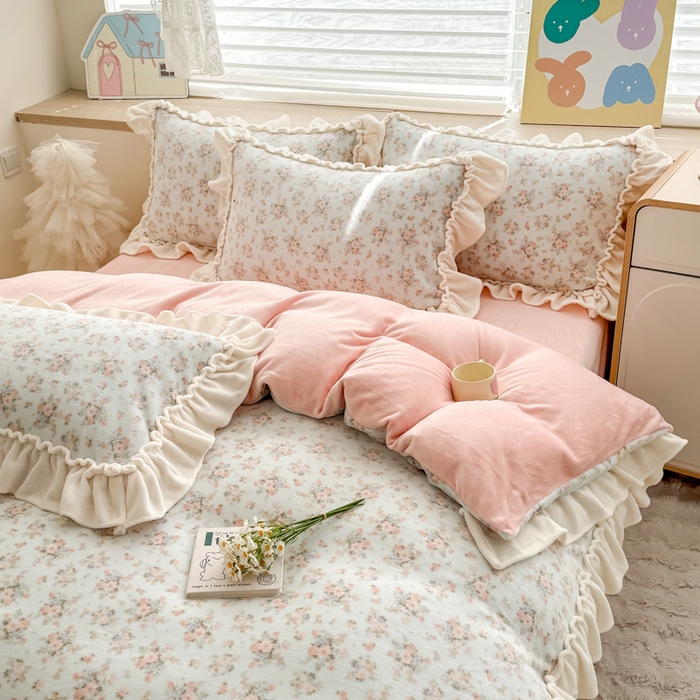 91家纺网 家纺一手货源 找家纺 （总）橘子家 2025轻奢法式花边公主风婴儿绒牛奶绒高克重四件套