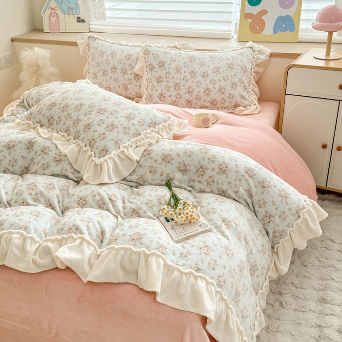 91家纺网 家纺一手货源 找家纺 （总）橘子家 2025轻奢法式花边公主风婴儿绒牛奶绒高克重四件套