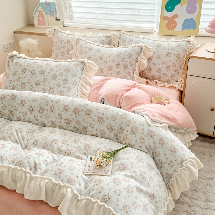 91家纺网 家纺一手货源 找家纺 （总）橘子家 2025轻奢法式花边公主风婴儿绒牛奶绒高克重四件套