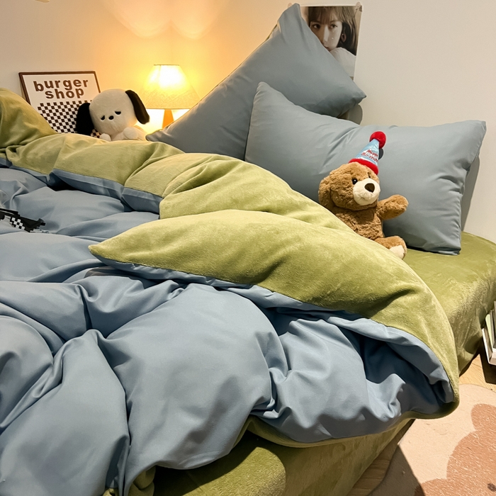 91家纺网 家纺一手货源 找家纺 悦织湾家纺 2025新款水洗棉牛奶绒单面绒单被套四件套双面两用春秋冬都可用学生宿舍四件套 单面绒浅兰抹茶