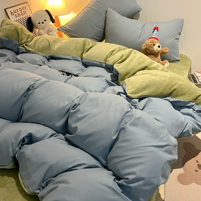 91家纺网 家纺一手货源 找家纺 悦织湾家纺 2025新款水洗棉牛奶绒单面绒单被套四件套双面两用春秋冬都可用学生宿舍四件套 单面绒浅兰抹茶