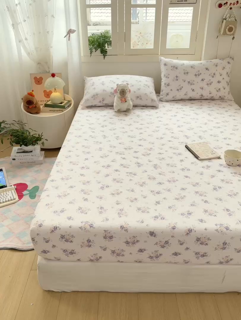 91家纺网 家纺一手货源 找家纺 玉海棠家纺 2025新款直播爆款双层纱床笠三件套 紫萱