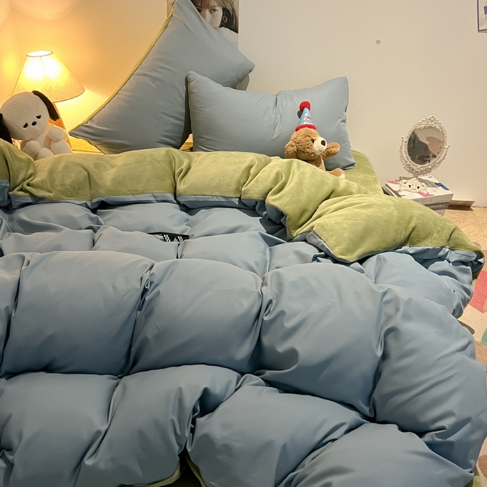 91家纺网 家纺一手货源 找家纺 悦织湾家纺 2025新款水洗棉牛奶绒单面绒单被套四件套双面两用春秋冬都可用学生宿舍四件套 单面绒浅兰抹茶