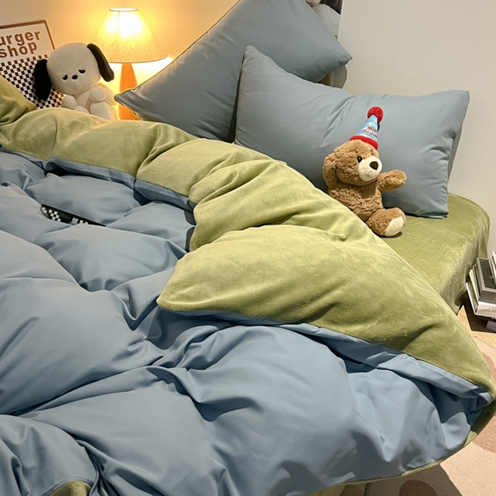 91家纺网 家纺一手货源 找家纺 悦织湾家纺 2025新款水洗棉牛奶绒单面绒单被套四件套双面两用春秋冬都可用学生宿舍四件套 单面绒浅兰抹茶