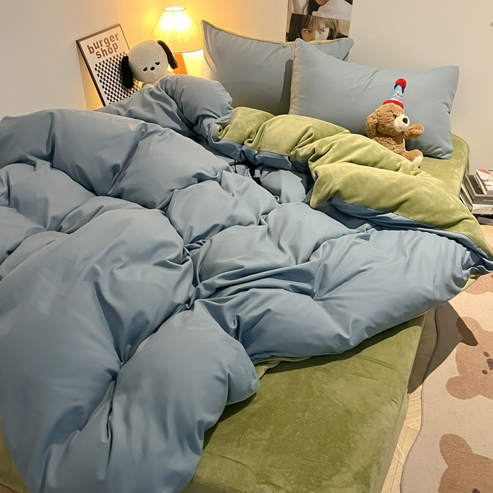 91家纺网 家纺一手货源 找家纺 悦织湾家纺 2025新款水洗棉牛奶绒单面绒单被套四件套双面两用春秋冬都可用学生宿舍四件套 单面绒浅兰抹茶