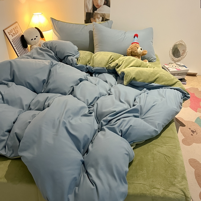 91家纺网 家纺一手货源 找家纺 悦织湾家纺 2025新款水洗棉牛奶绒单面绒单被套四件套双面两用春秋冬都可用学生宿舍四件套 单面绒浅兰抹茶