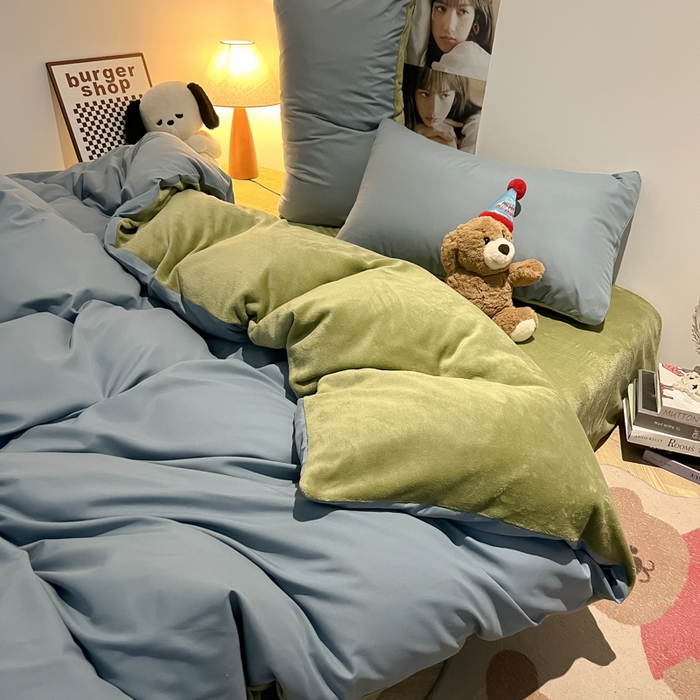 91家纺网 家纺一手货源 找家纺 悦织湾家纺 2025新款水洗棉牛奶绒单面绒单被套四件套双面两用春秋冬都可用学生宿舍四件套 单面绒浅兰抹茶