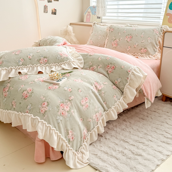 91家纺网 家纺一手货源 找家纺 橘子家 2025轻奢法式花边公主风婴儿绒牛奶绒高克重四件套 安妮