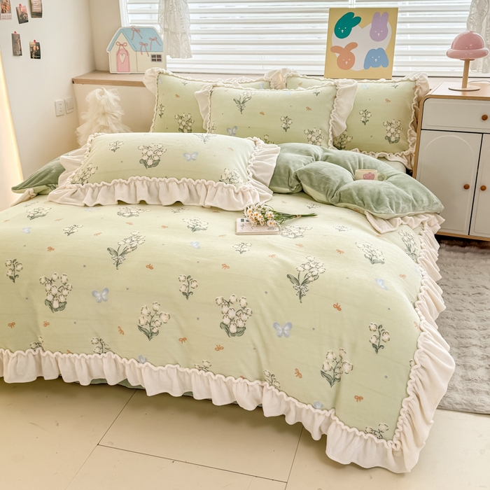 91家纺网 家纺一手货源 找家纺 橘子家 2025轻奢法式花边公主风婴儿绒牛奶绒高克重四件套 风铃草