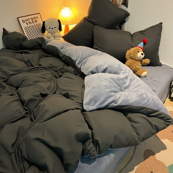 91家纺网 家纺一手货源 找家纺 悦织湾家纺 2025新款水洗棉牛奶绒单面绒单被套四件套双面两用春秋冬都可用学生宿舍四件套 单面绒深灰浅灰