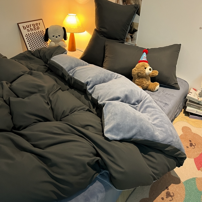 91家纺网 家纺一手货源 找家纺 悦织湾家纺 2025新款水洗棉牛奶绒单面绒单被套四件套双面两用春秋冬都可用学生宿舍四件套 单面绒深灰浅灰