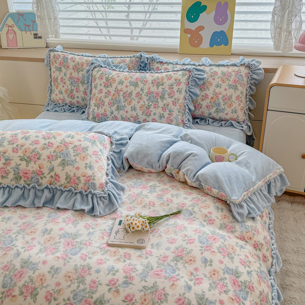 91家纺网 家纺一手货源 找家纺 橘子家 2025轻奢法式花边公主风婴儿绒牛奶绒高克重四件套 花间梦