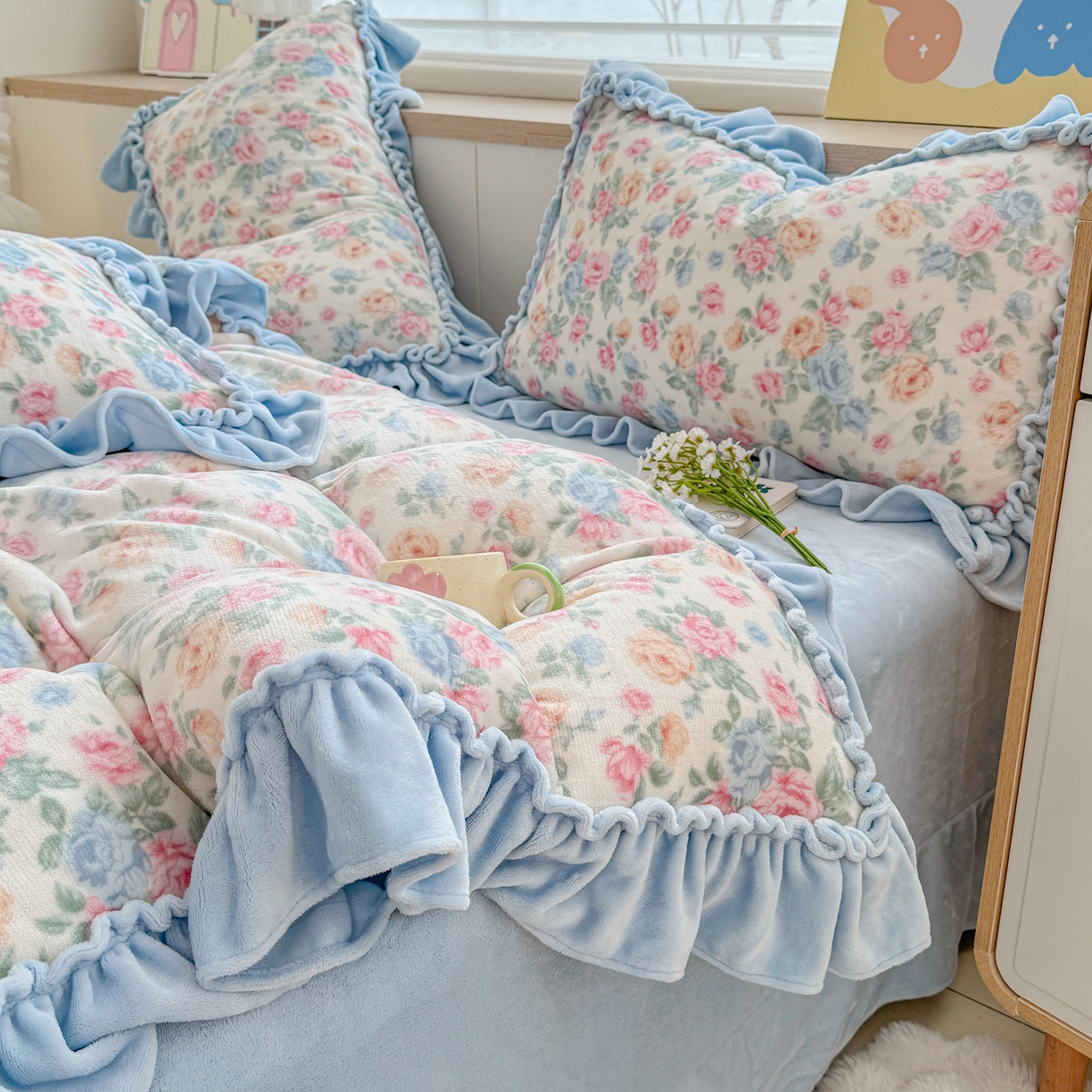 91家纺网 家纺一手货源 找家纺 橘子家 2025轻奢法式花边公主风婴儿绒牛奶绒高克重四件套 花间梦