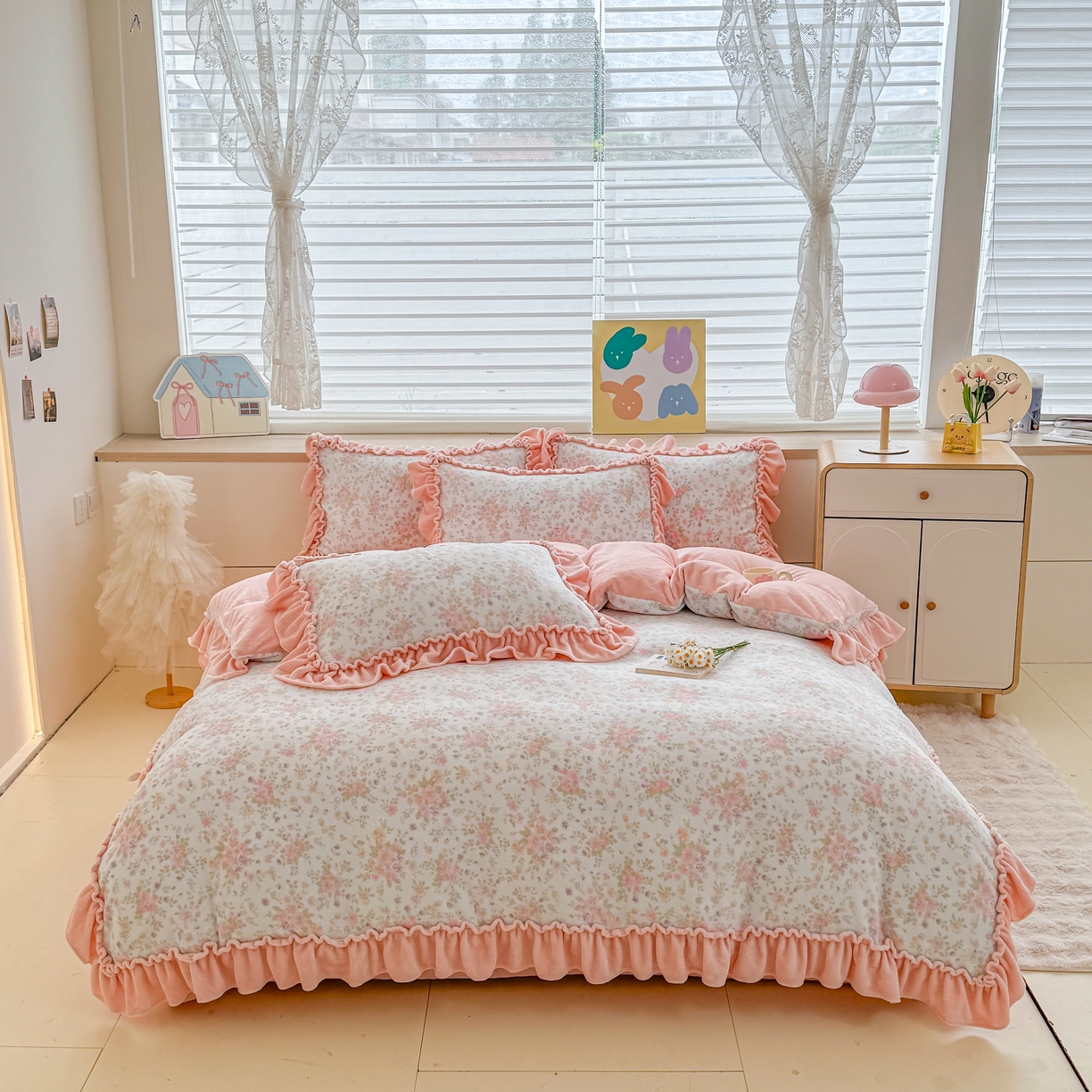 橘子家 2025轻奢法式花边公主风婴儿绒牛奶绒高克重四件套 花香