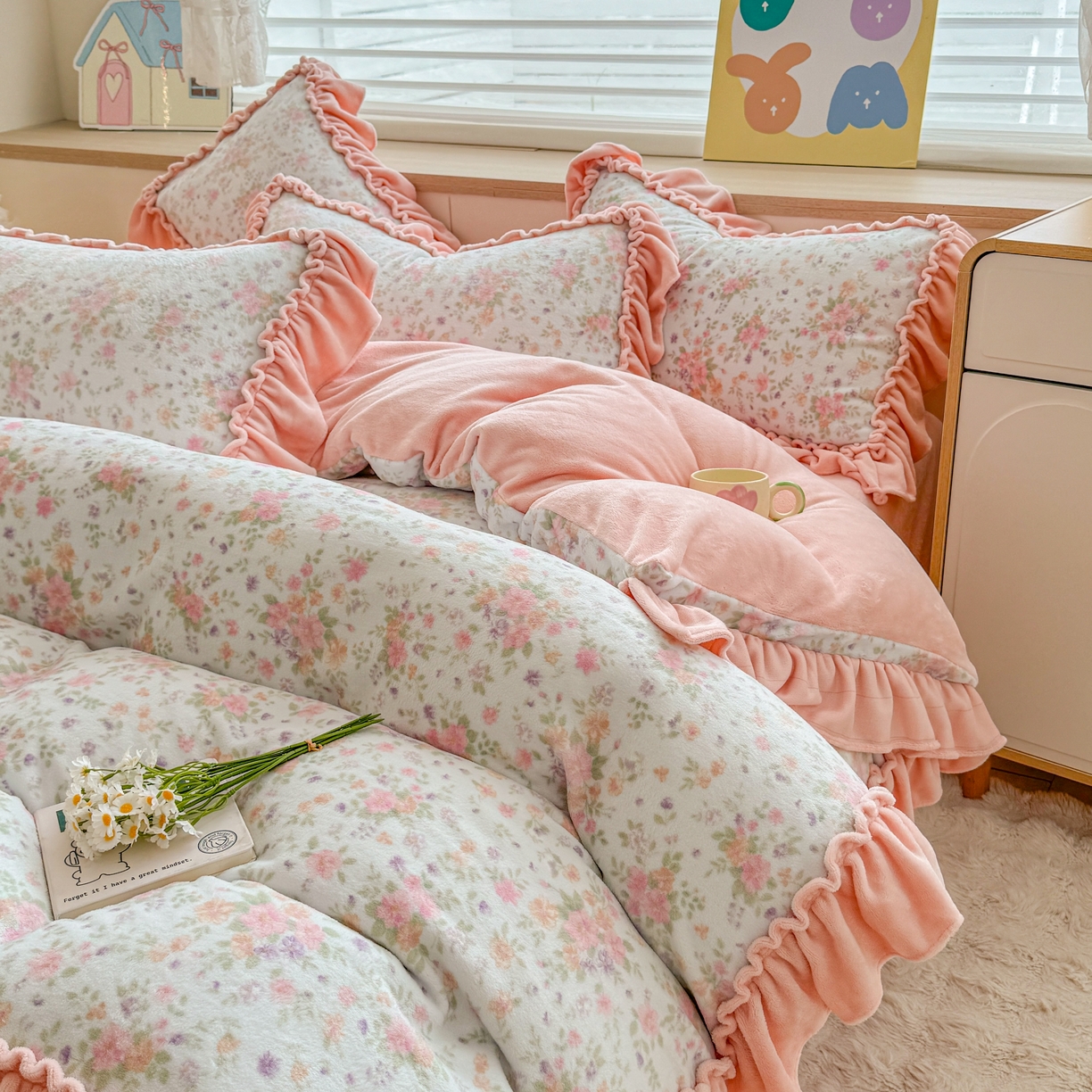 91家纺网 家纺一手货源 找家纺 橘子家 2025轻奢法式花边公主风婴儿绒牛奶绒高克重四件套 花香