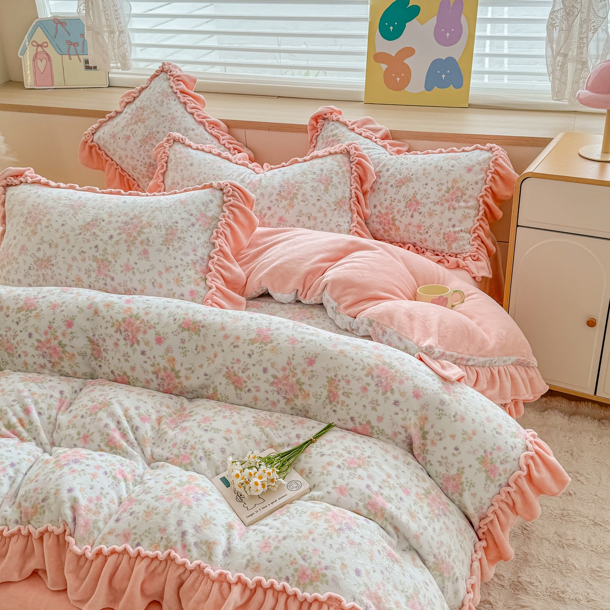 91家纺网 家纺一手货源 找家纺 橘子家 2025轻奢法式花边公主风婴儿绒牛奶绒高克重四件套 花香