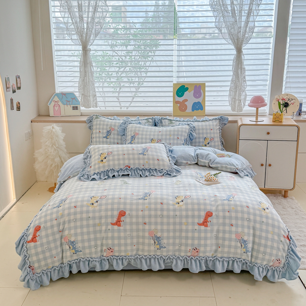 橘子家 2025轻奢法式花边公主风婴儿绒牛奶绒高克重四件套 欢乐恐龙