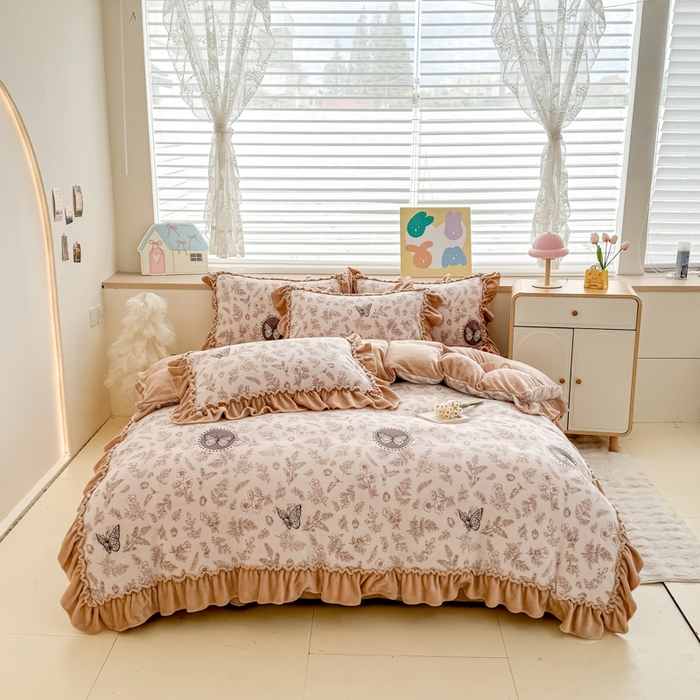 橘子家 2025轻奢法式花边公主风婴儿绒牛奶绒高克重四件套 幻蝶