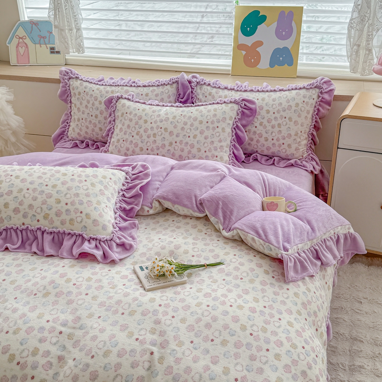 91家纺网 家纺一手货源 找家纺 橘子家 2025轻奢法式花边公主风婴儿绒牛奶绒高克重四件套 可可草莓